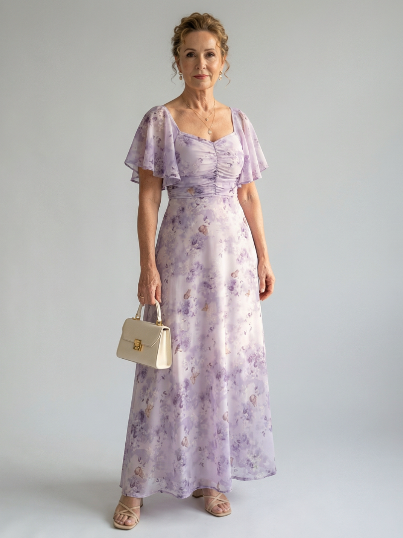 Robe midi fluide à manches volantées Vaelis de Danoir Paris avec motif floral, vue de face sur fond blanc.