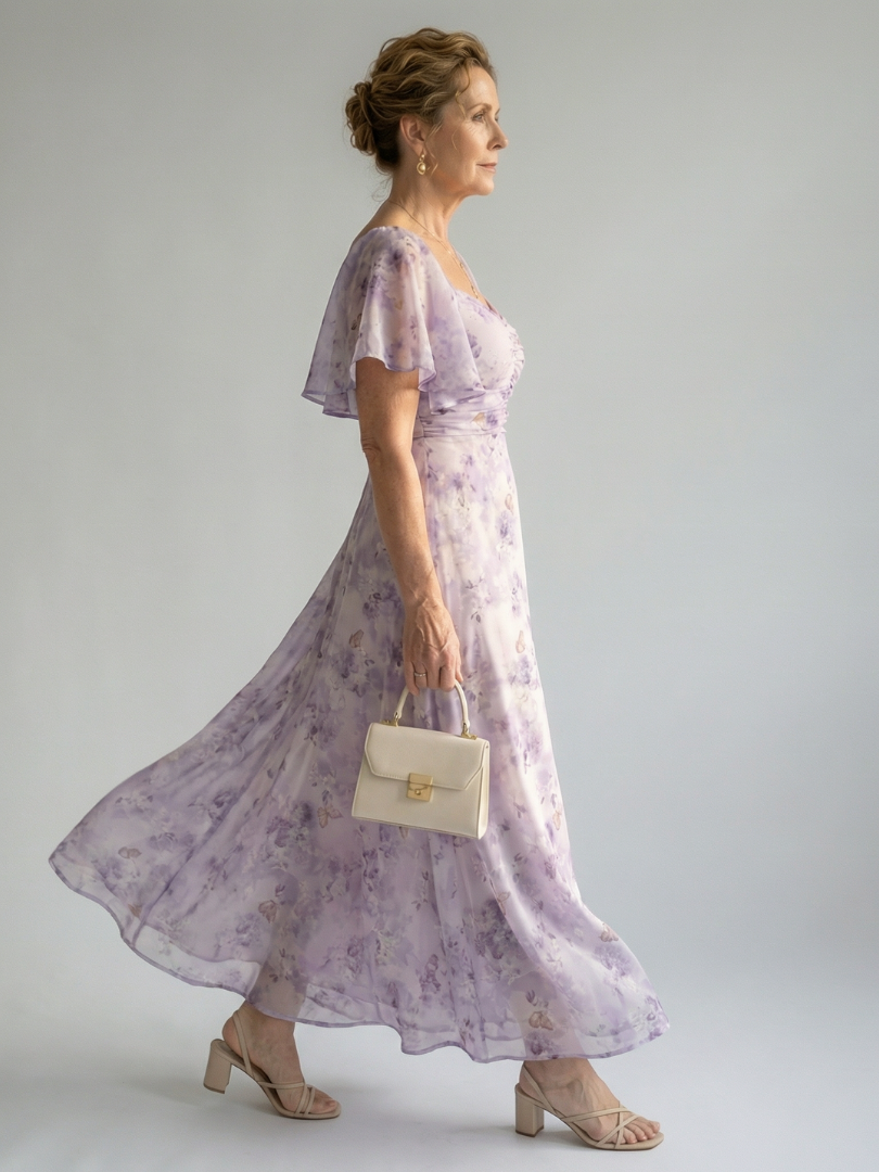 Robe midi fluide à manches volantées Danoir Paris Vaelis avec motif floral, longueur mi-mollet, style élégant et féminin.