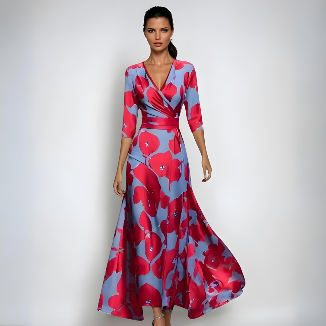 Robe maxi fleurie rouge Valeria de Danoir Paris, élégante robe longue avec motifs floraux, pour femmes.
