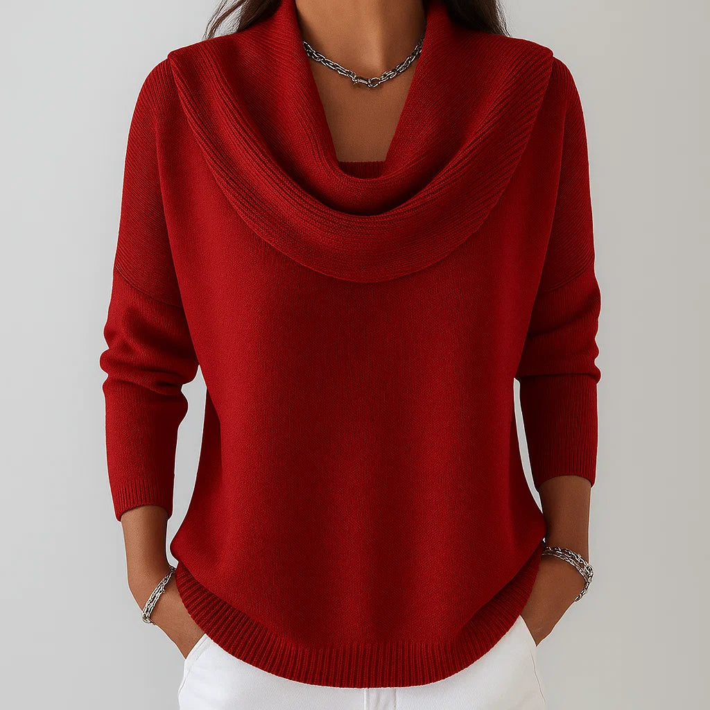 Pull rouge Danoir Paris Teresa, élégant et enveloppant, en laine douce, porté sur un mannequin, style chic et confortable.