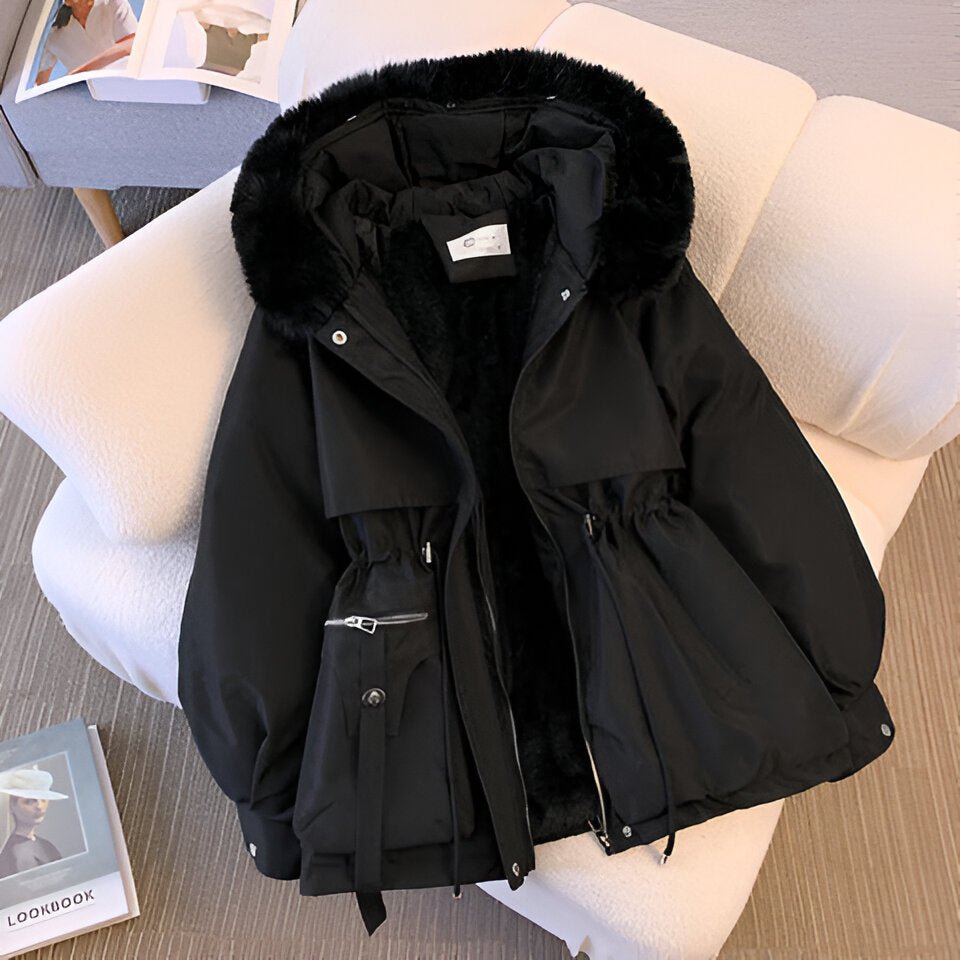 Manteau d'hiver blanc Laluna de Danoir Paris, coupe élégante, en tissu chaud, vu de face. Modèle XS.