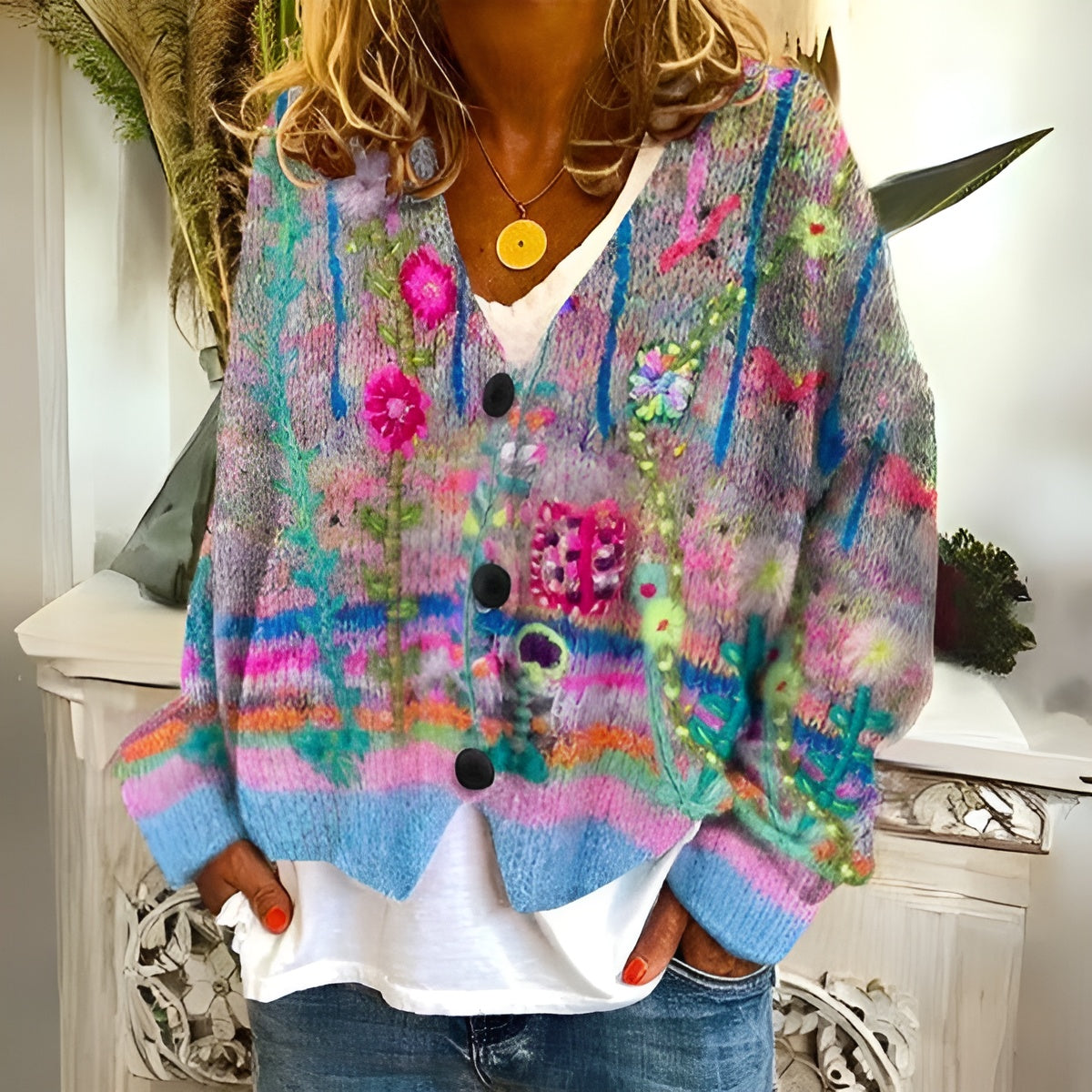 Cardigan floral bohème Emma de Danoir Paris en bleu, vue de face, détails des motifs floraux et de la texture en tissu.