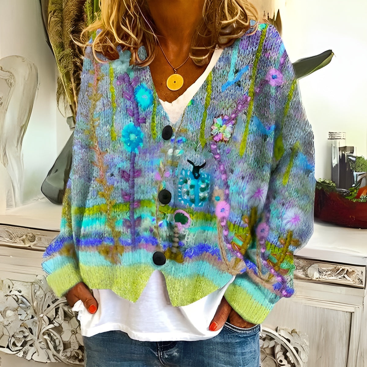 Cardigan floral bohème Emma par Danoir Paris, en bleu, avec motif fleuri, porté sur un modèle.