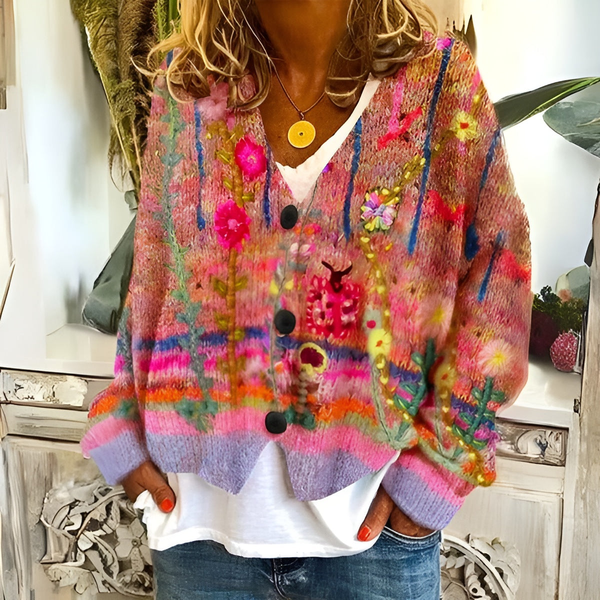 Cardigan floral bohème Emma de Danoir Paris, en bleu, détails de motifs floraux, tissu léger et style décontracté.