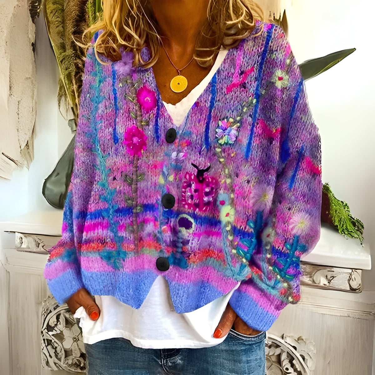 Cardigan floral bohème Emma de Danoir Paris, en bleu, avec motifs floraux, manches longues et style décontracté.