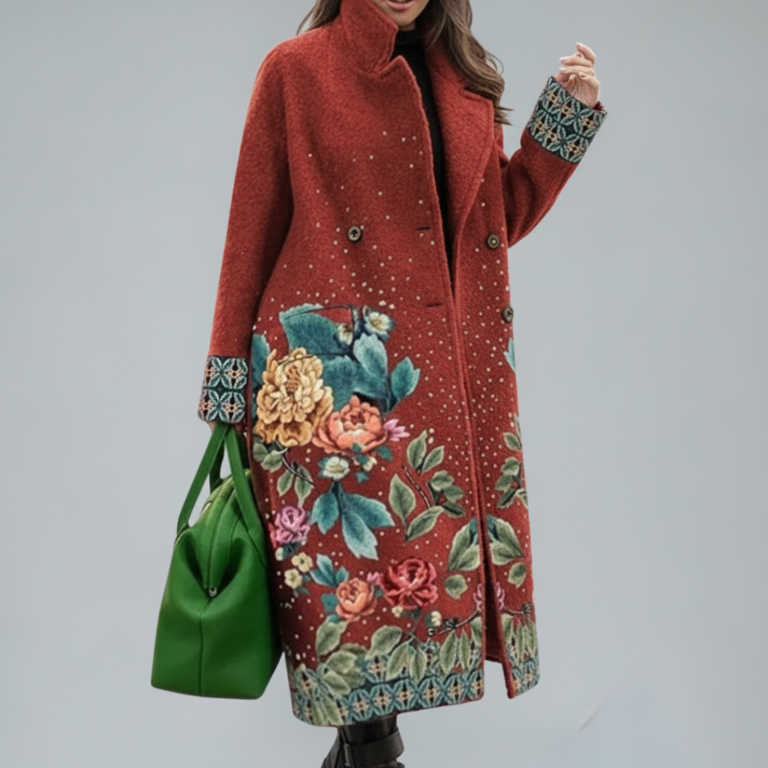 Manteau élégant et polyvalent Evelyn de Danoir Paris, couleur variée, détail de la coupe et du tissu en image.