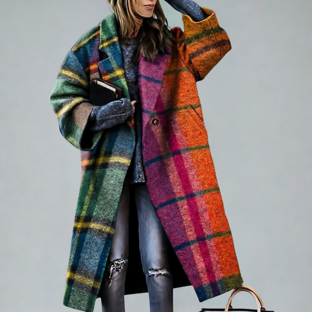 Manteau élégant et polyvalent Evelyn de Danoir Paris en tissu coloré, vue de face, style chic et moderne.