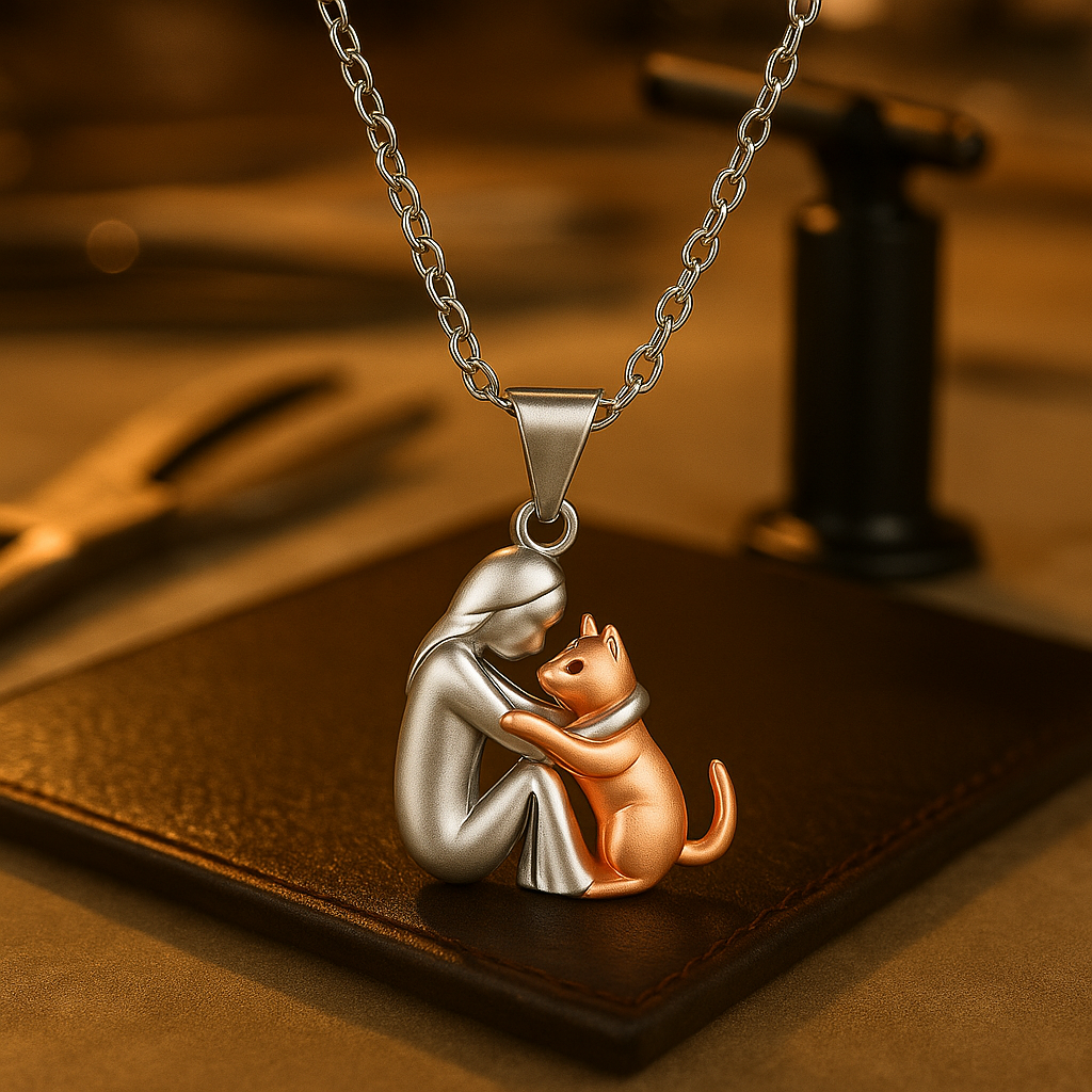 Collier Danoir Paris Alva Amour Chat en pendentif rose, élégant bijou en acier pour femmes.