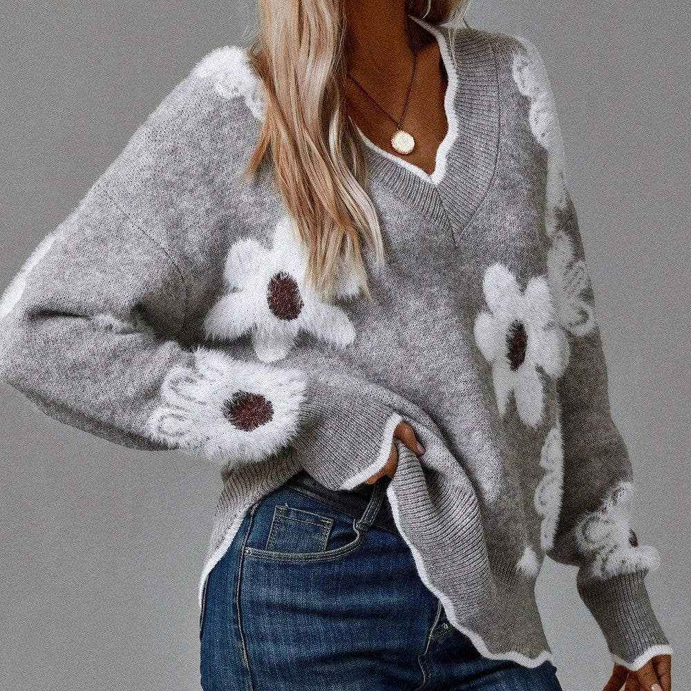 Pull floral gris Danoir Paris Thea, élégant et léger, avec motif floral délicat et coupe tendance.