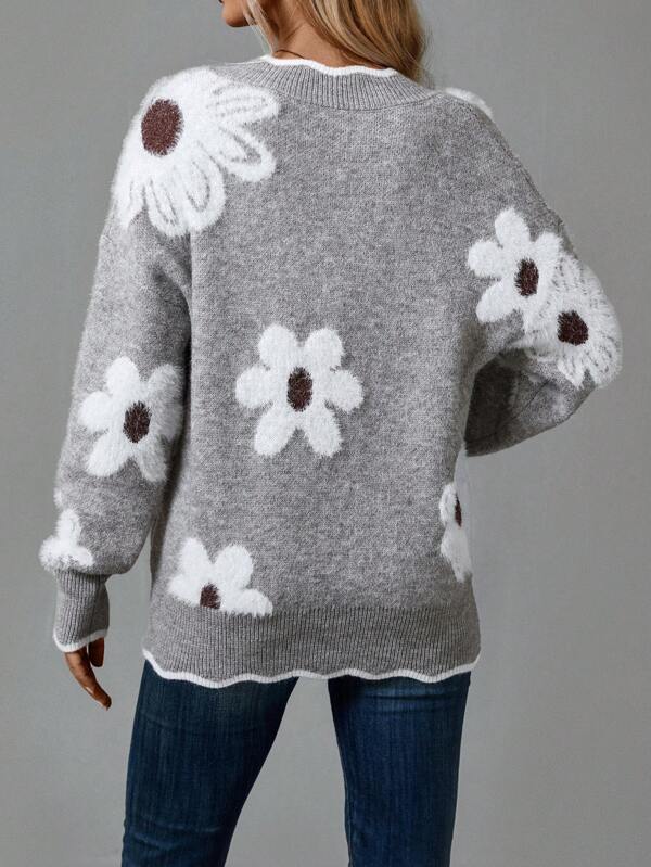 Pull floral élégant Danoir Paris Thea FR1091 en gris, avec motifs floraux sophistiqués et coupe élégante.