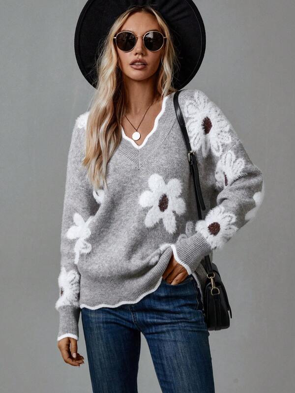Pull floral élégant Danoir Paris Thea en gris, design chic avec motif floral, parfait pour un look sophistiqué.