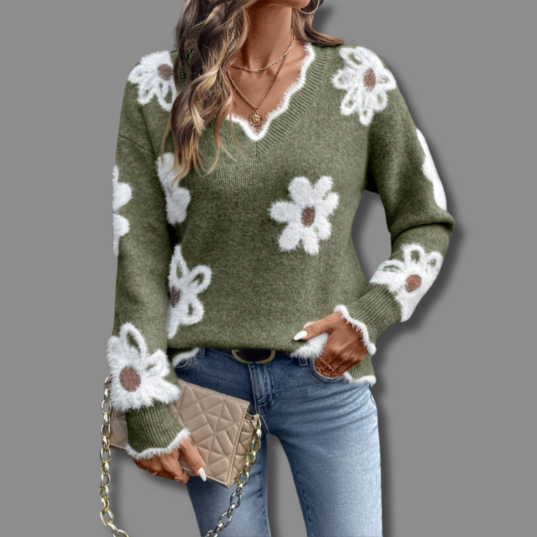 Pull floral élégant Thea de Danoir Paris en gris, détails sophistiqués, tissu doux et moderne pour un look chic.