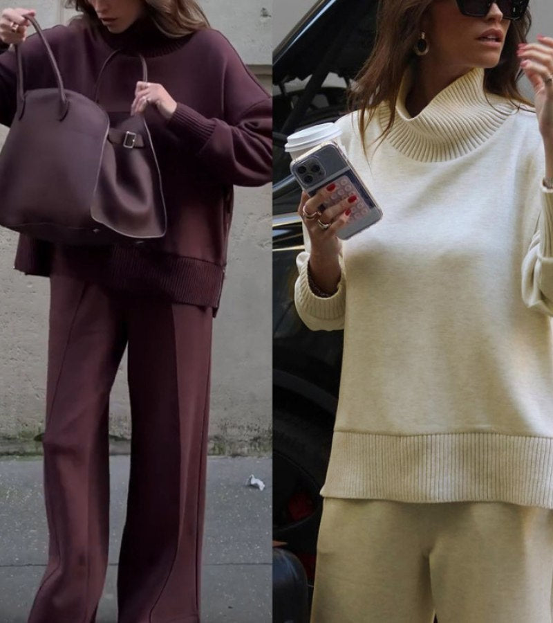 Ensemble Eva doux et élégant de Danoir Paris, en tissu rouge, comprenant haut et pantalon pour femme.