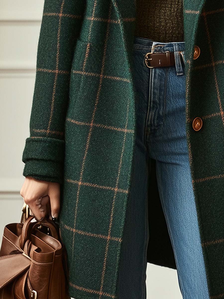 Manteau classique à carreaux Elena de Danoir Paris, en tissu vert avec motif à carreaux, taille XS, vue de face.