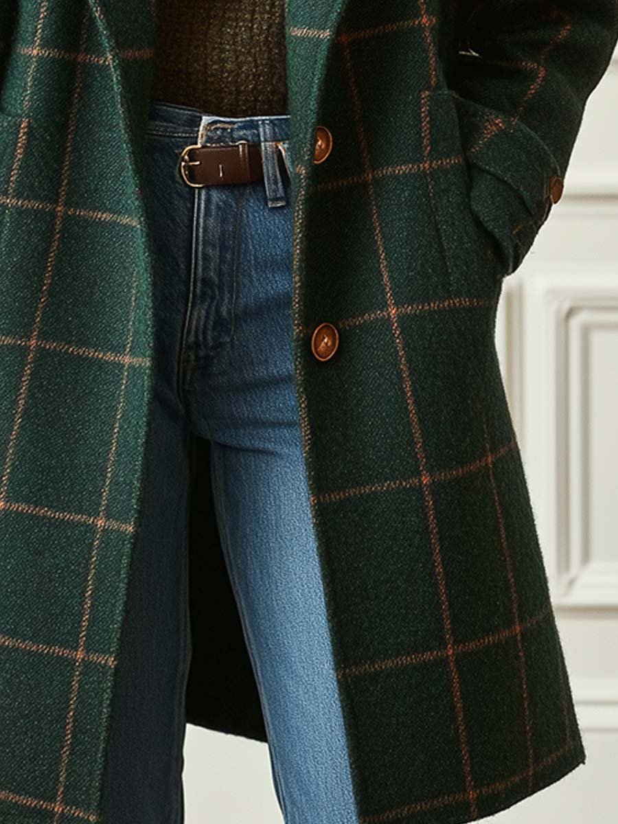 Manteau classique à carreaux Elena de Danoir Paris, en vert, taille XS, modèle élégant et chaud pour l'hiver.