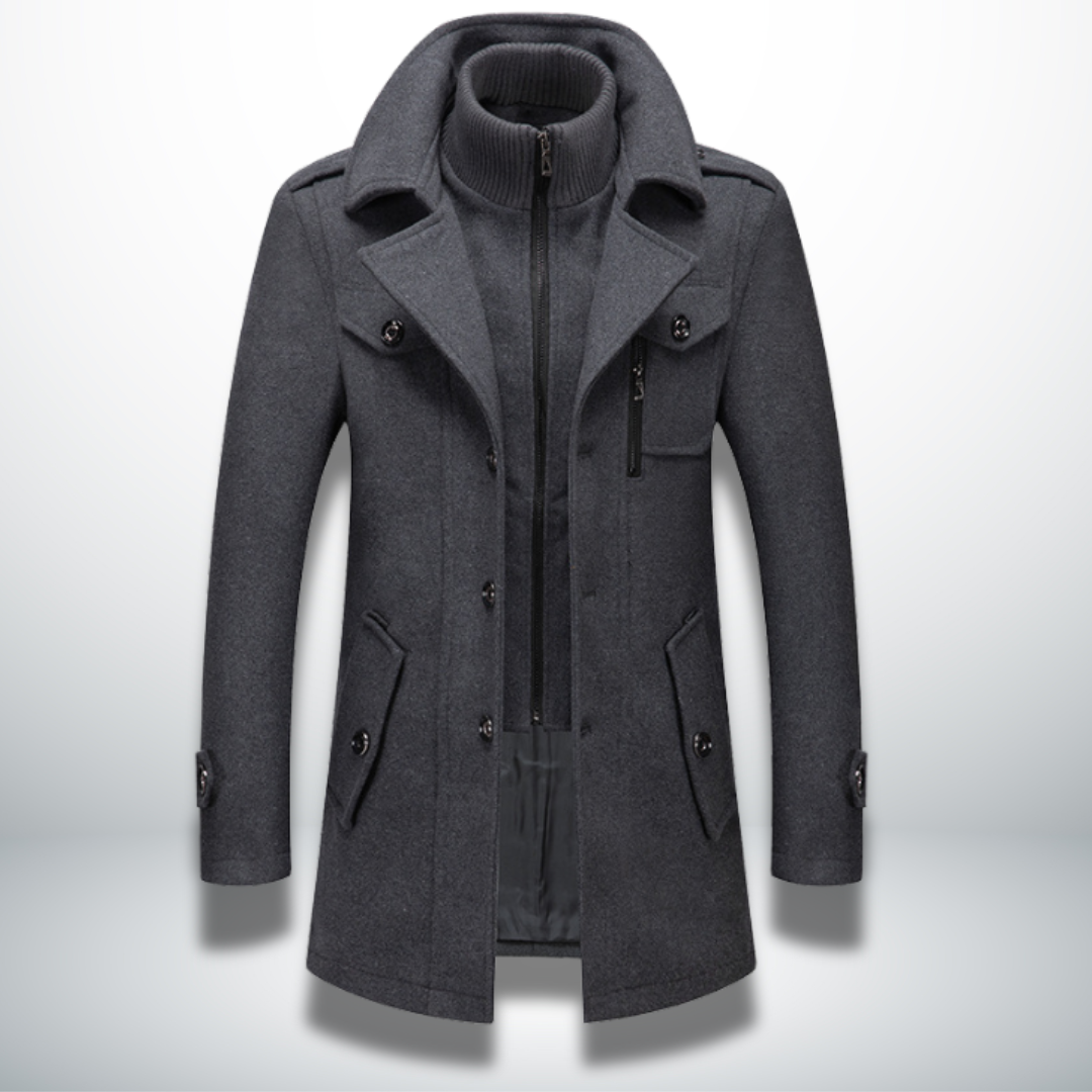Manteau élégant Danoir Paris Angelo FR1127 bleu marine, style hivernal chaud et sophistiqué, vue de face sur mannequin.