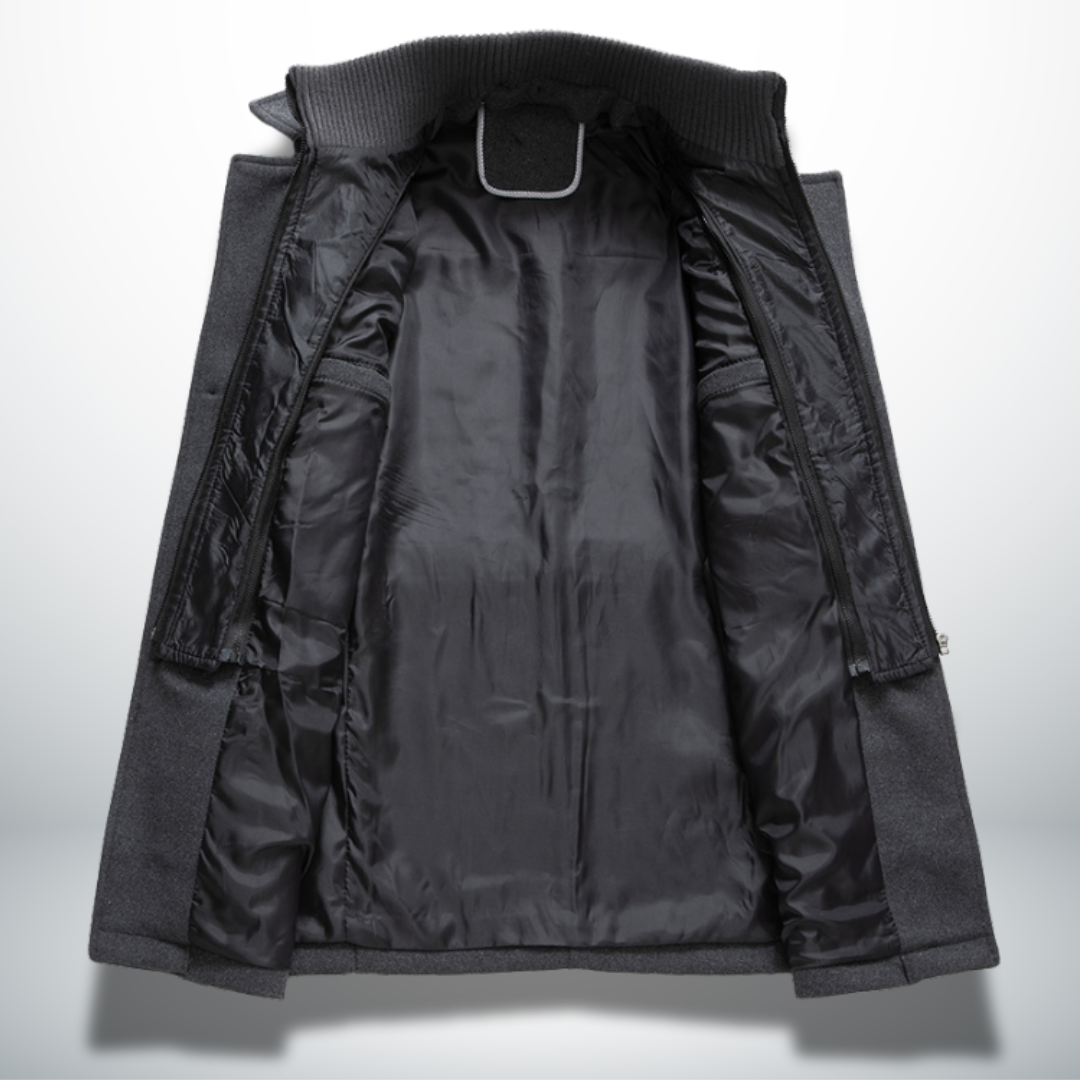Manteau d'hiver élégant Angelo de Danoir Paris en laine bleu marine, coupe classique et style sophistiqué.
