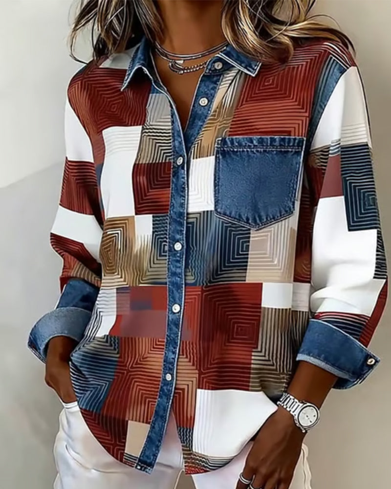 Chemise à blocs de couleur Céline Danoir Paris, rouge, manches longues, design moderne, vue de face sur fond blanc.