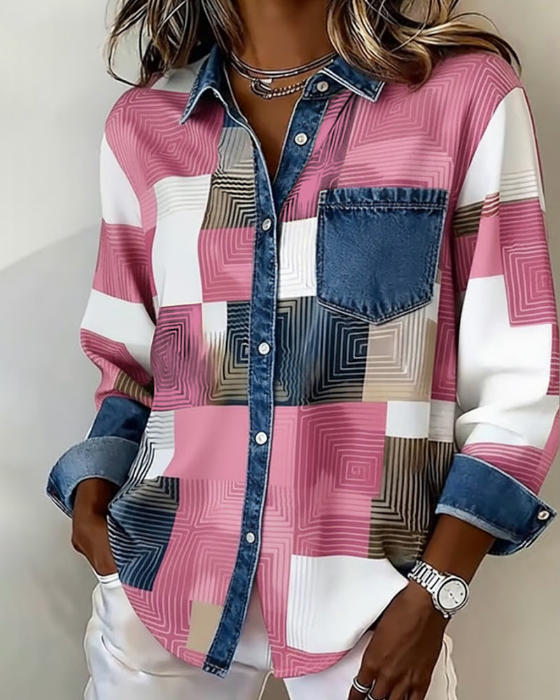 Chemise à blocs de couleur Céline Danoir Paris, rouge, en tissu léger, détail de manches longues et col classique.