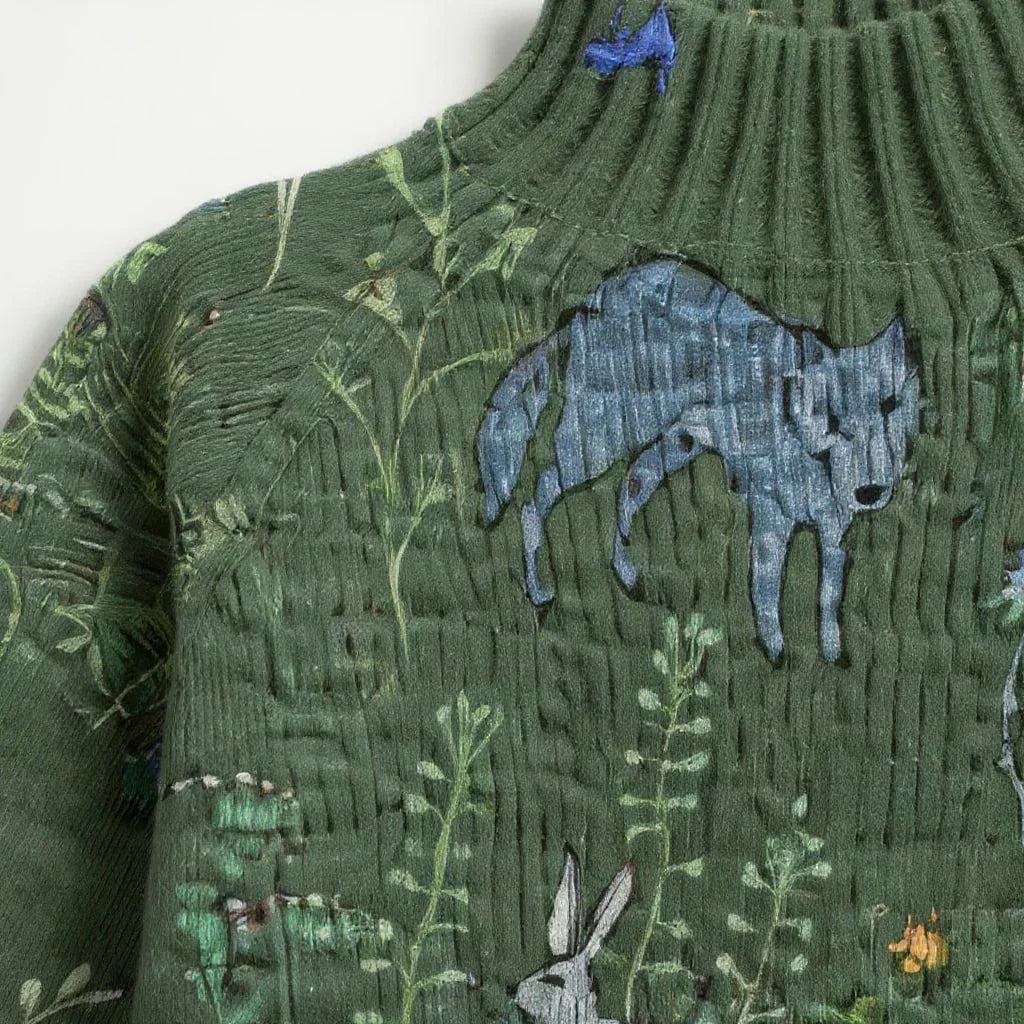 Pull tricoté artistique HANA de Danoir Paris, en laine douce, porté avec col rond et motifs colorés, style moderne et élégant.