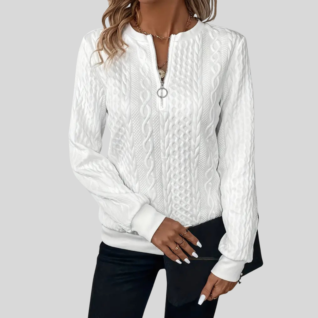 Pull zippé torsadé décontracté Amalie de Danoir Paris, blanc, taille XS, avec détails torsadés et look confortable.
