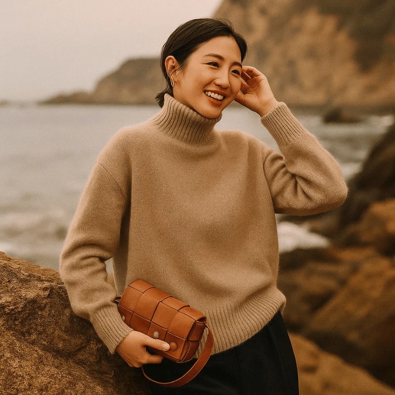 Pull beige Danoir Paris Aurora avec col roulé doux et chic, taille XS, vue de face.