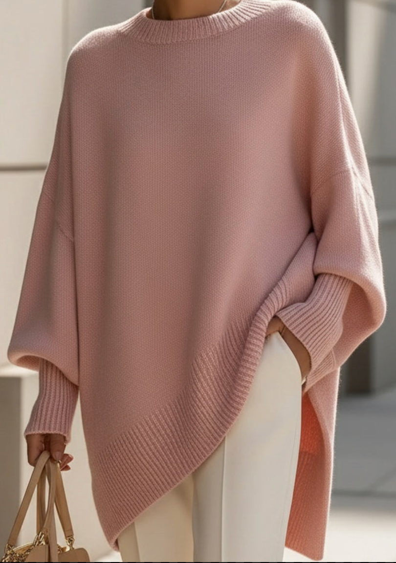 Pull-over oversize beige Danoir Paris, élégant, en tissu doux, porté sur un mannequin, style confortable et sophistiqué.