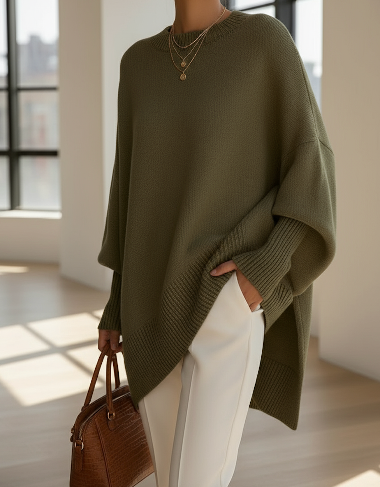 Pull-over oversize élégant Danoir Paris, modèle FR1221, en beige, porté en taille XS à M, look sophistiqué et confortable.