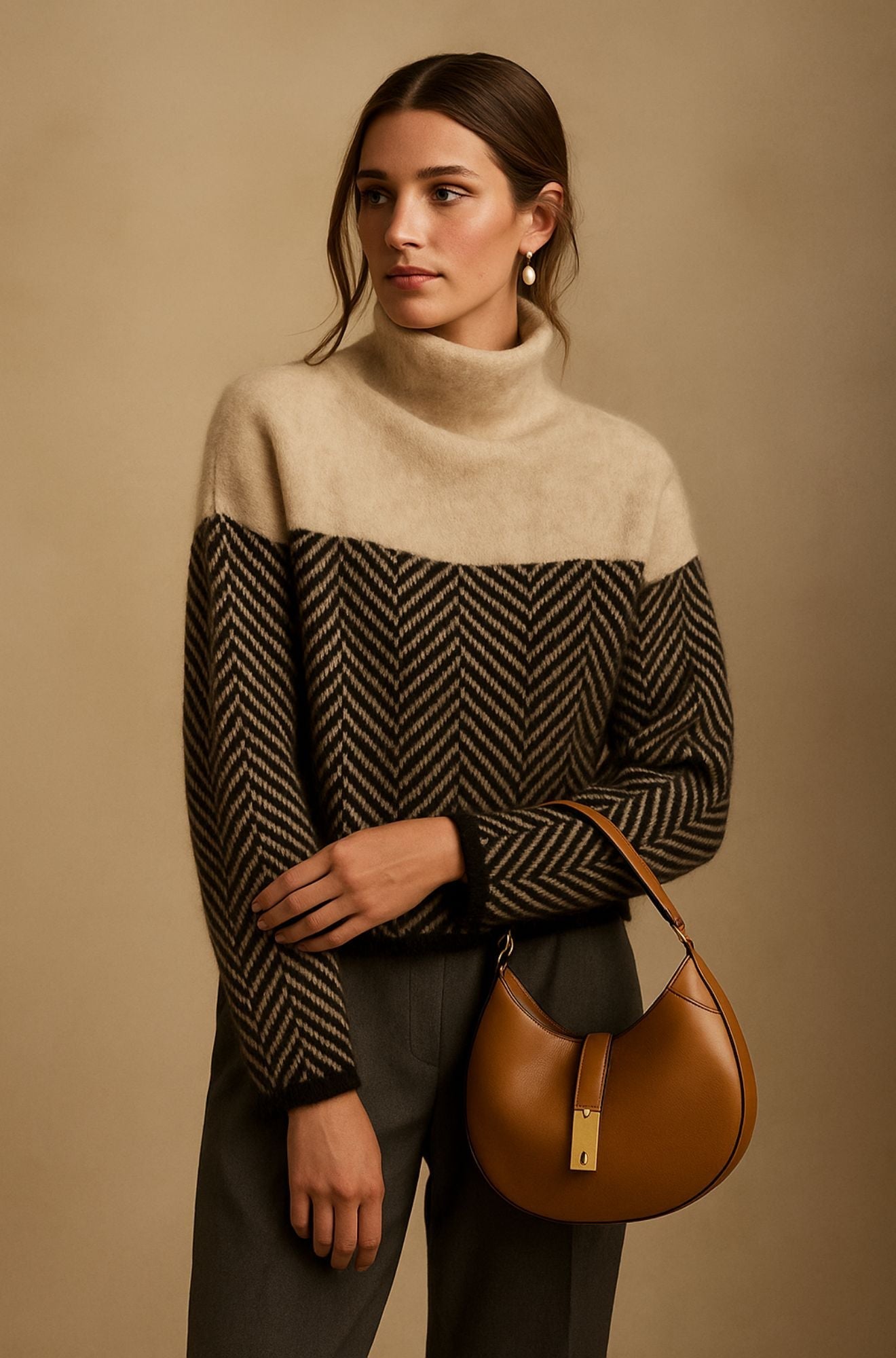 Pull roulé en cachemire marron Danoir Paris Amira, élégant et chaud, porté sur un mannequin.