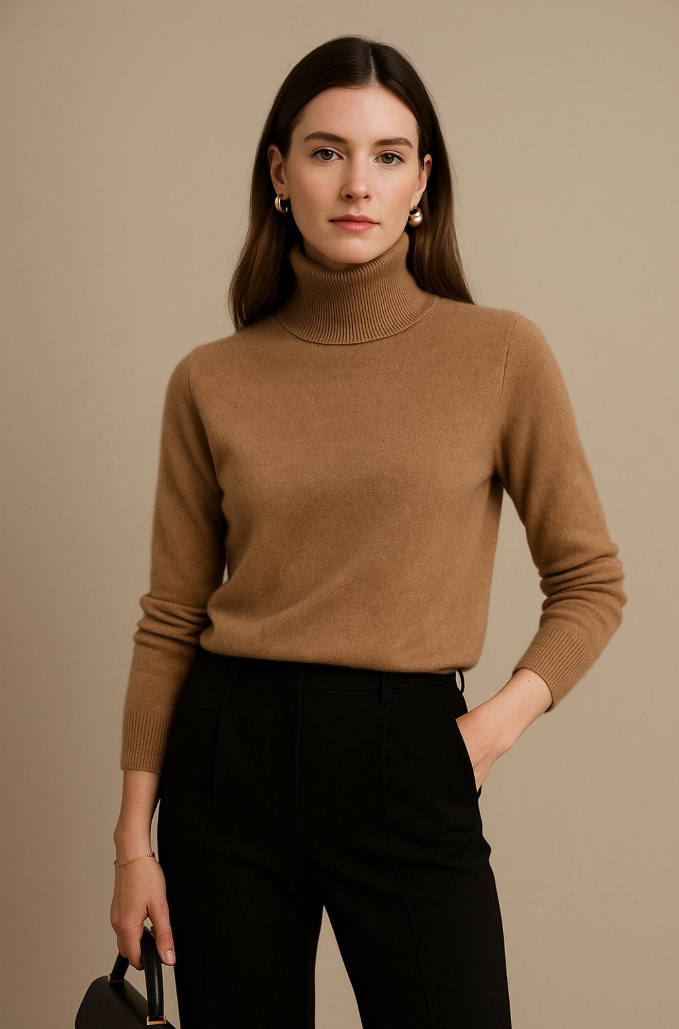 Pull col roulé beige Danoir Paris Amara, vêtement luxueux en laine douce, porté sur mannequin.