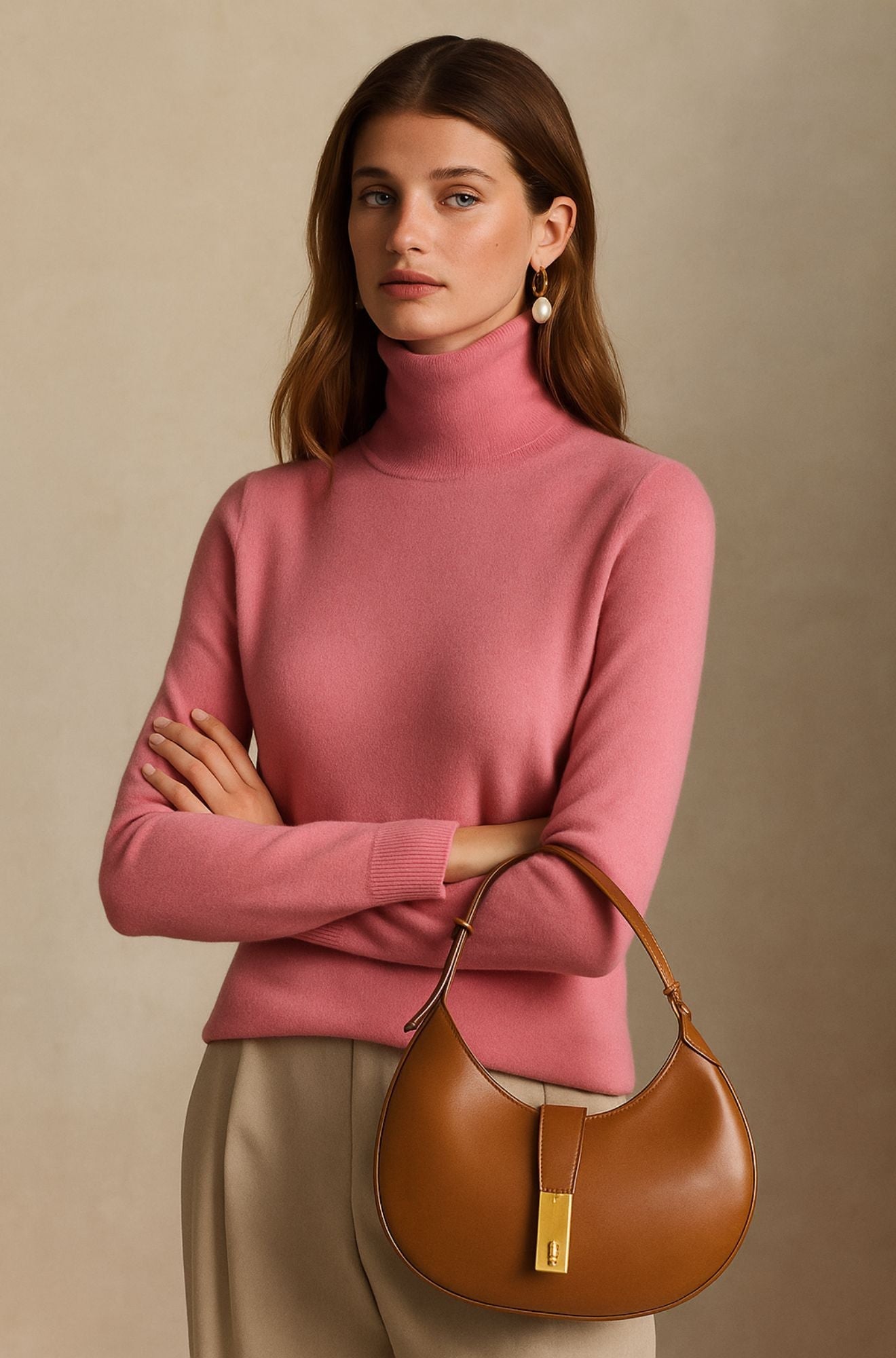Pull col roulé beige Danoir Paris Amara, vêtement luxueux en laine douce, porté sur mannequin.