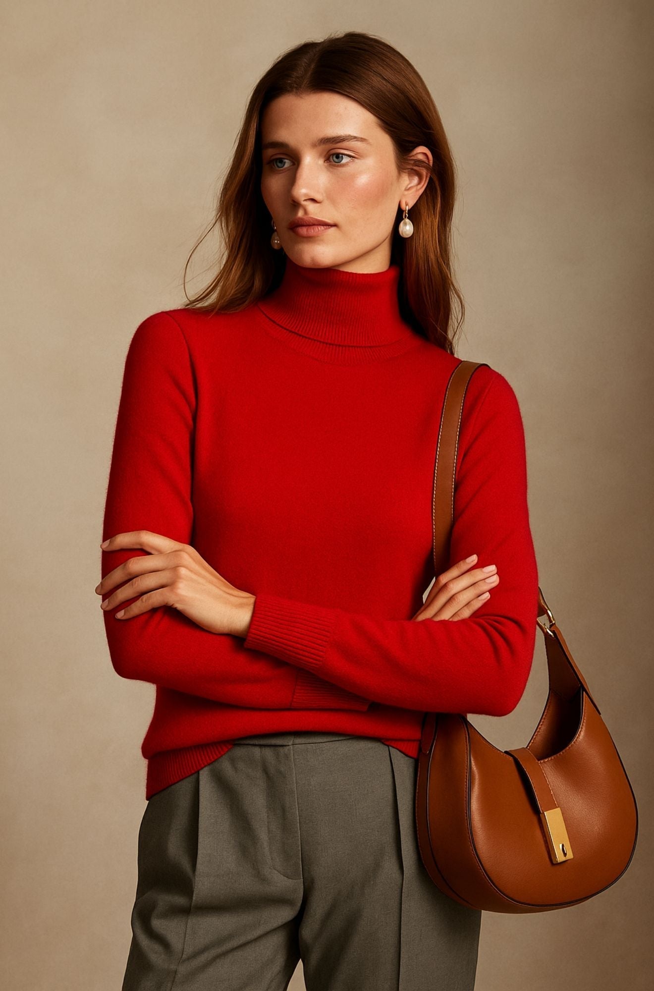 Pull col roulé beige Danoir Paris Amara, vêtement luxueux en laine douce, porté sur mannequin, détail élégant et confort.