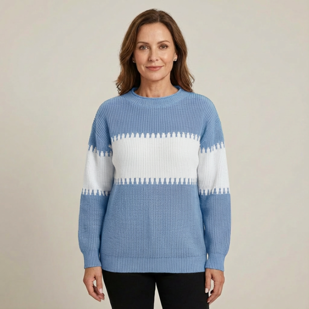 Pull colorblock Danoir Paris Harmony, bleu clair et blanc, confortable, en laine douce, style décontracté pour homme.