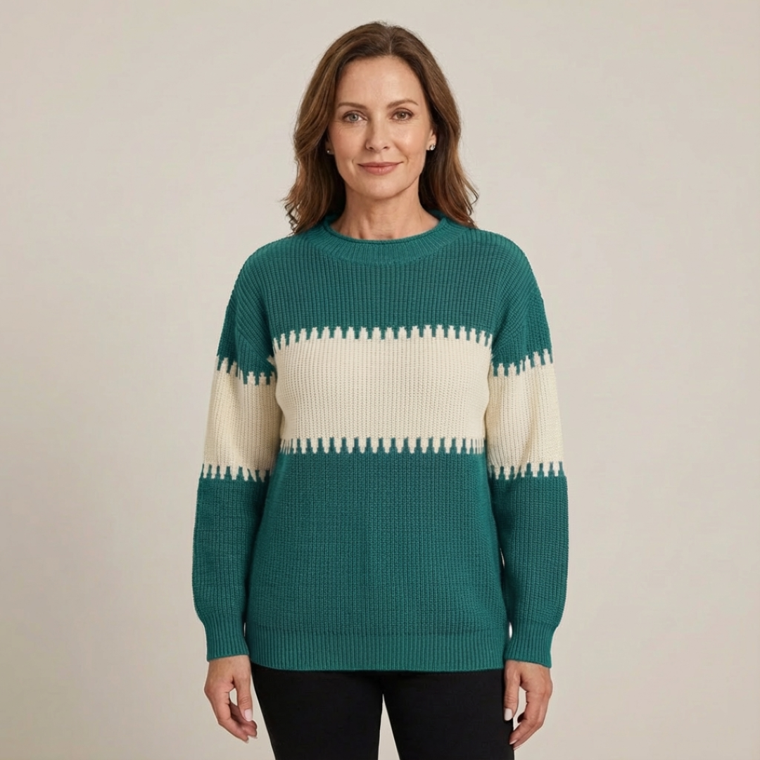 Pull colorblock Danoir Paris Harmony en bleu clair et blanc, pull confortable avec design moderne, idéal pour un style décontracté