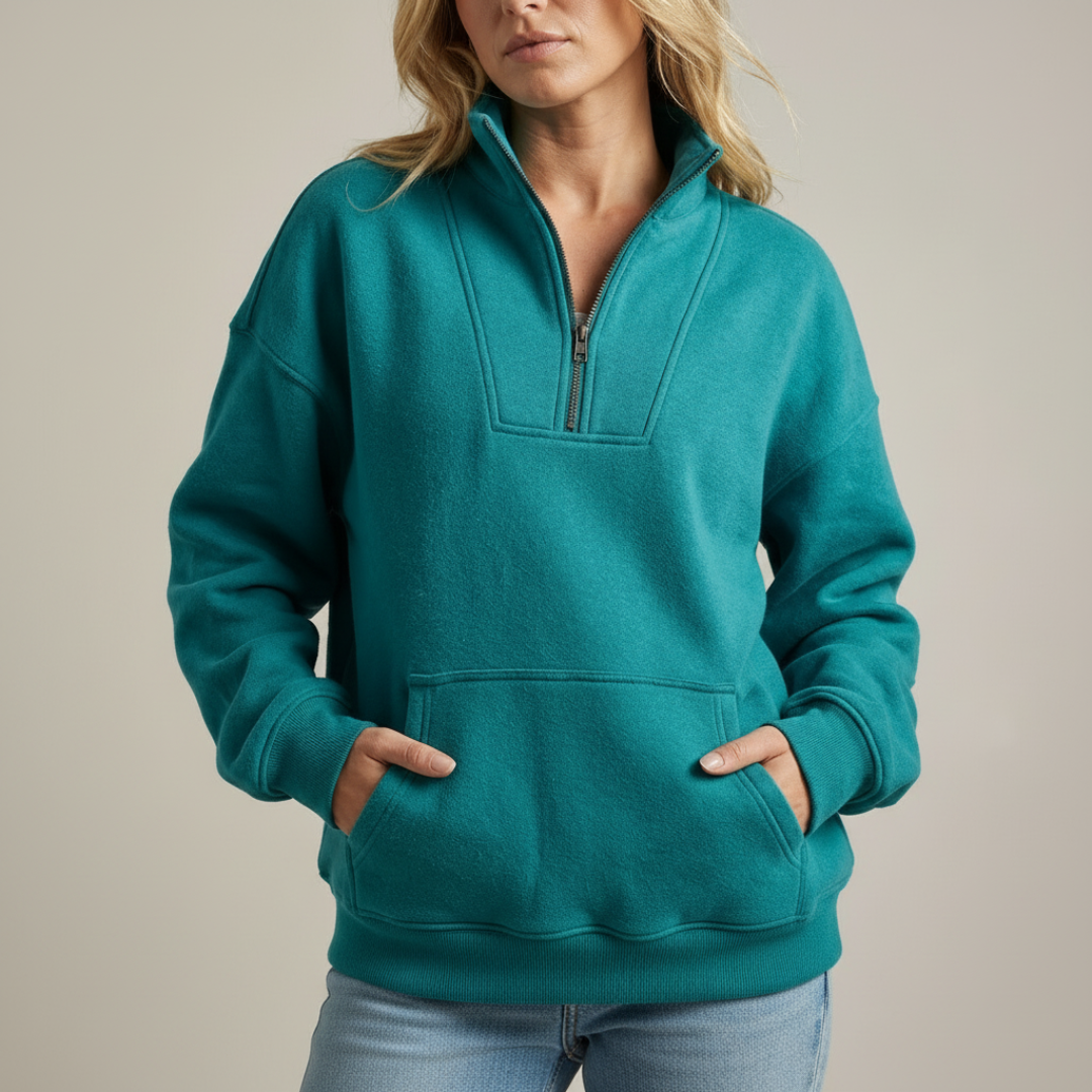 Pull douillet chic Talbot de Danoir Paris en tissu sarcelle, confortable et élégant, pour un style cosy et tendance.
