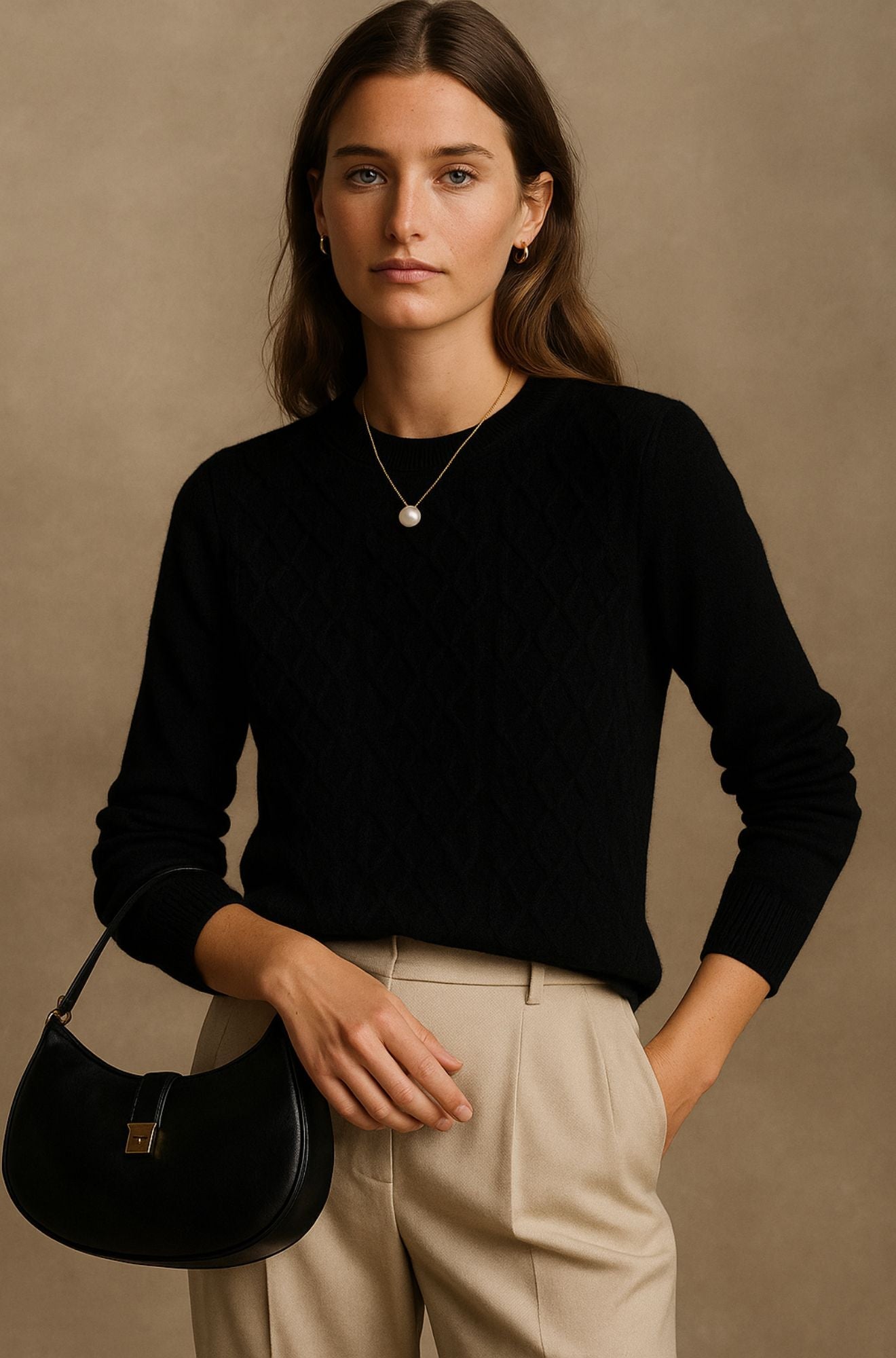 Pull en cachemire beige Danoir Paris Albury, élégant, avec col rond et finition douce, visible sur une mannequin.