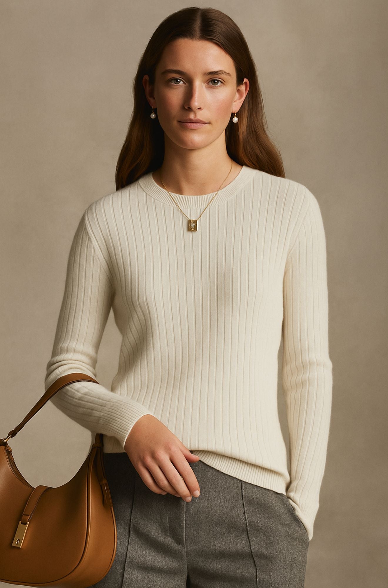 Pull en cachemire marron clair Rowen de Danoir Paris, élégant et confortable, avec un design sophistiqué et finition soignée.