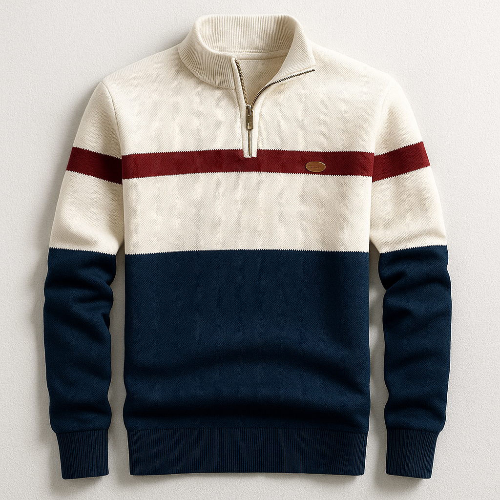 Pull ajusté élégant Danoir Paris Elston en marine et blanc, taille XS, tissu confortable et style sophistiqué.