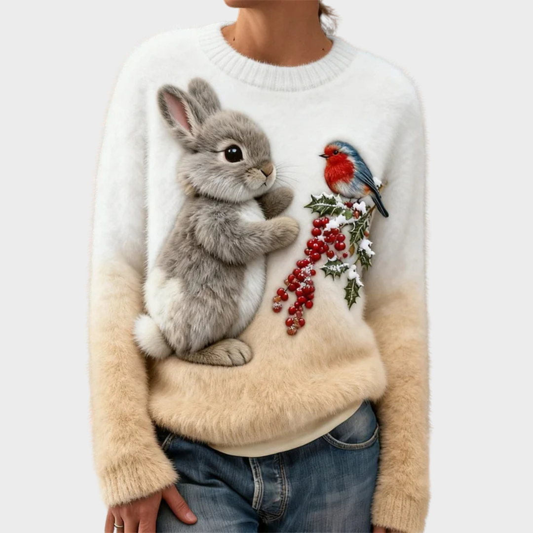 Pull en peluche festif Luna de Danoir Paris, doux et chaud, en coloris café, parfait pour l'hiver ou les fêtes.