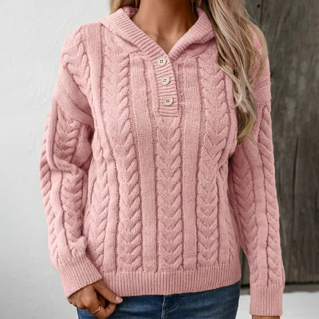 Pull Henley Câlin Chic Danoir Paris Talbot en rose, doux et confortable, avec boutons et col en col V.
