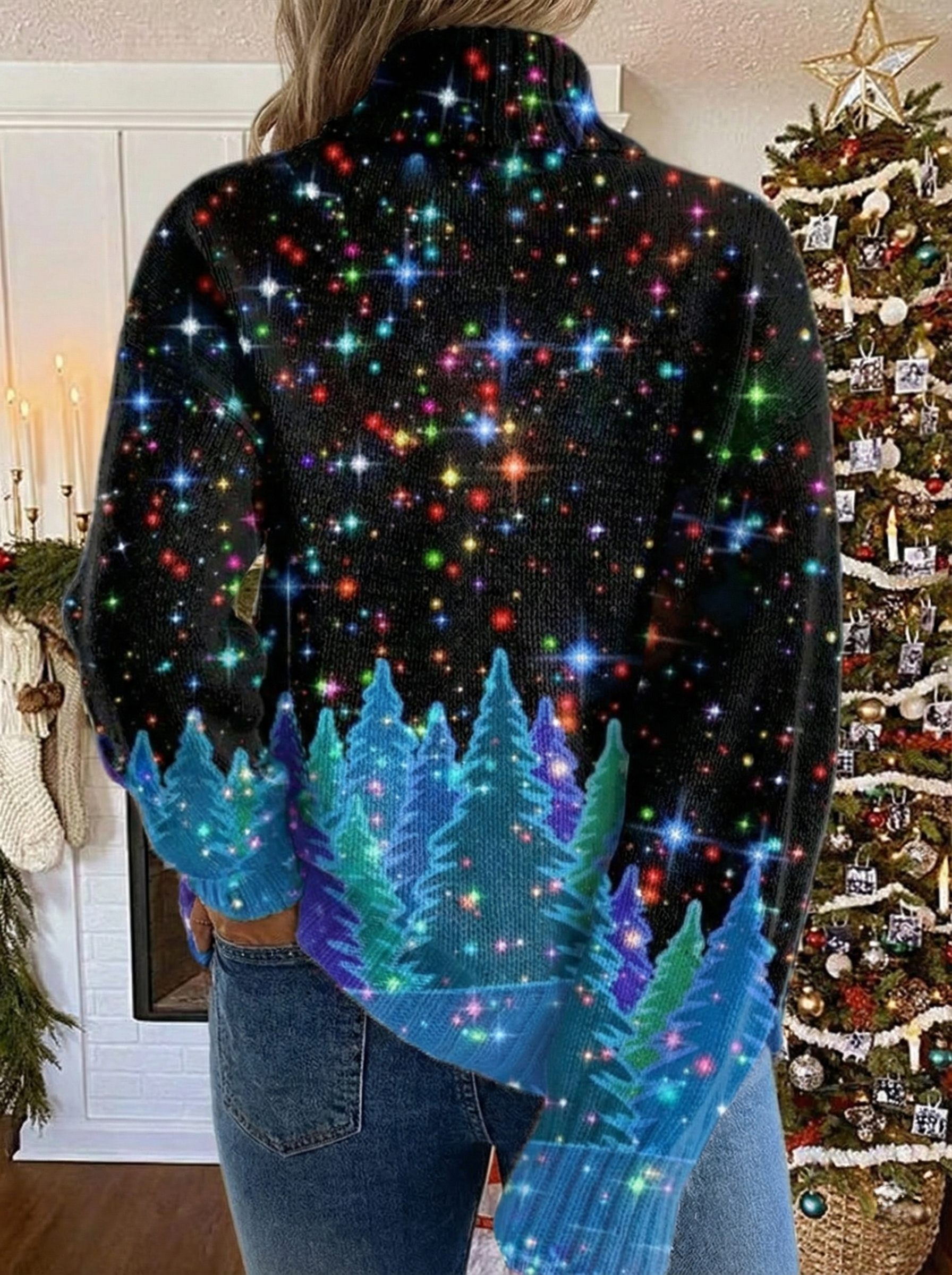 Pull festif étoilé Danoir Paris FR1320, multicolore, en laine, avec motifs étoilés, porté par un modèle.