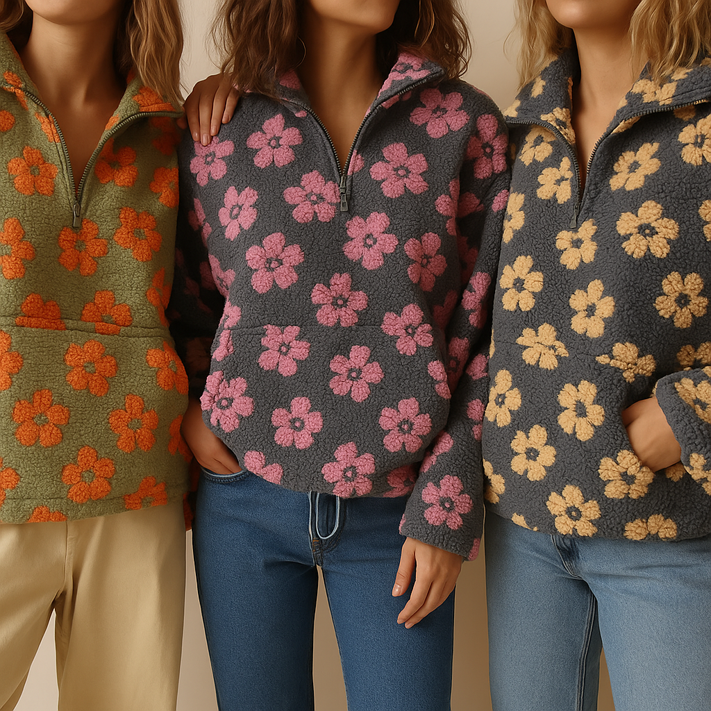 Pull-over oversize floral jaune Maisy de Danoir Paris, douceur et style, visible en détail sur l'image.