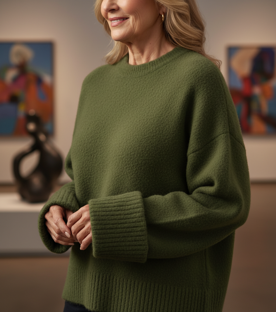 Pull beige doux et élégant Enzi de Danoir Paris, vue de face, en tissu confortable et finition soignée.