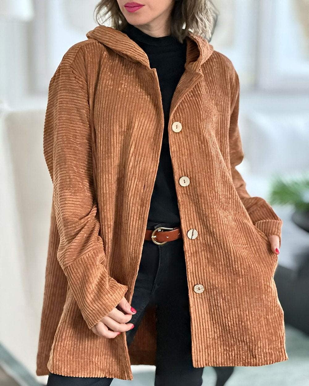 Veste douillette élégante Cordia de Danoir Paris en rouge, coupe ajustée, tissu chaud et confortable pour femme.