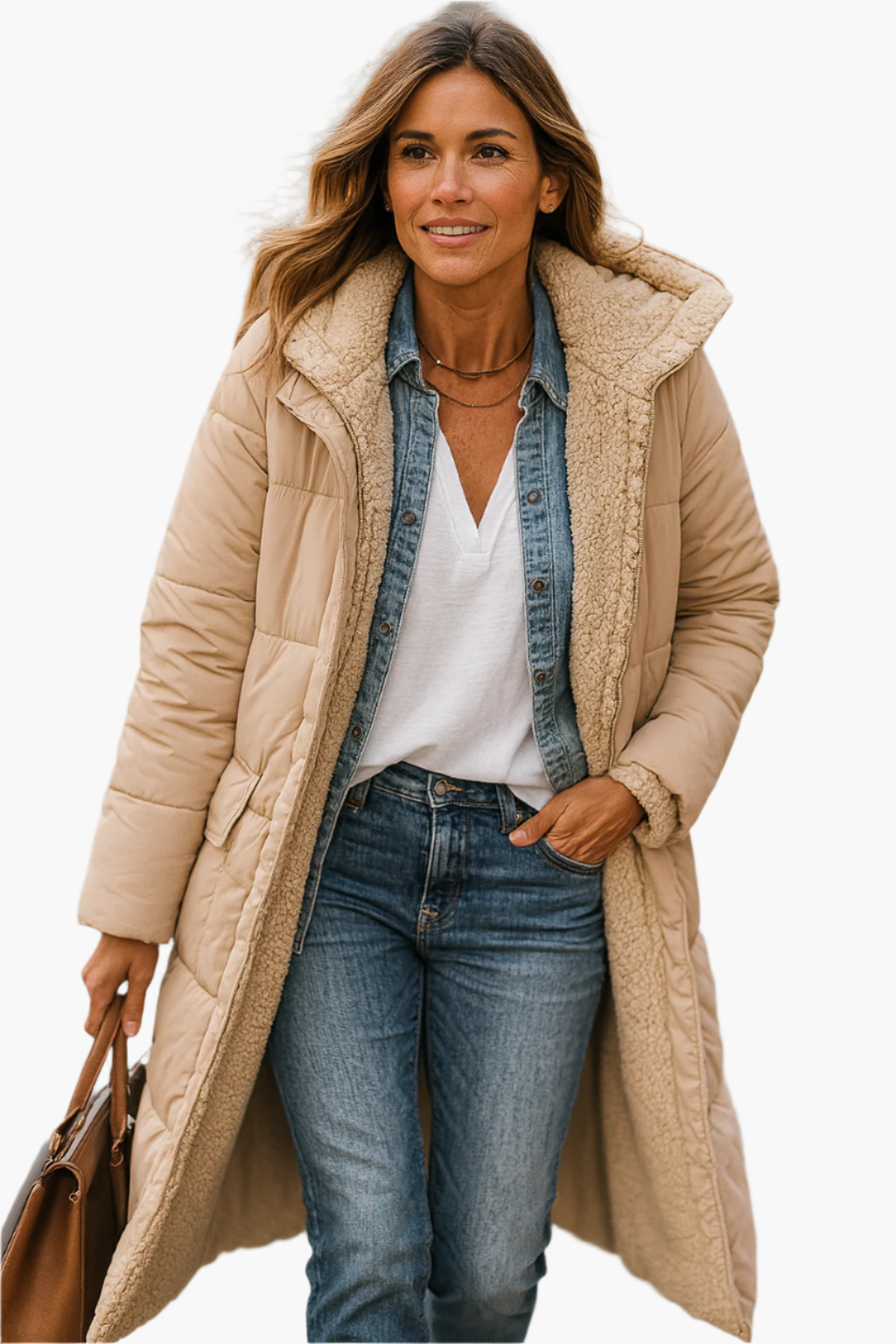 Manteau long beige Danoir Paris Paige FR1336, doublé et chaud, porté sur un mannequin dans une image claire.