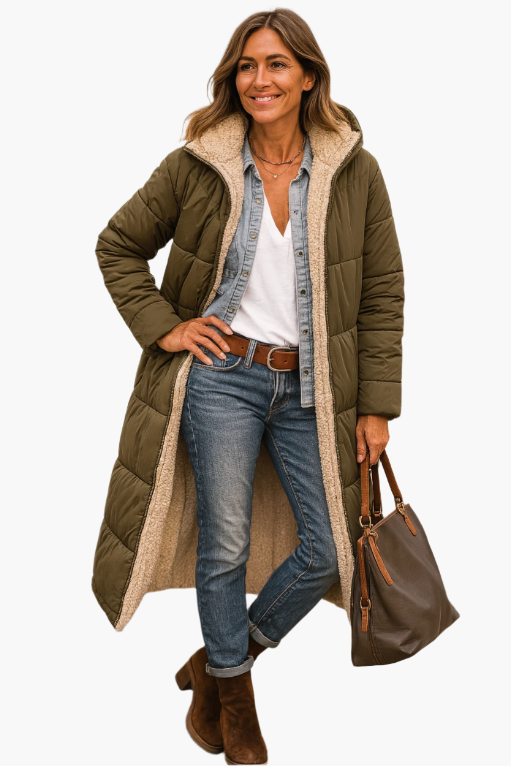 Manteau long beige Danoir Paris Paige en tissu douillet, porté sur mannequin, vue de face, mode élégante et confortable