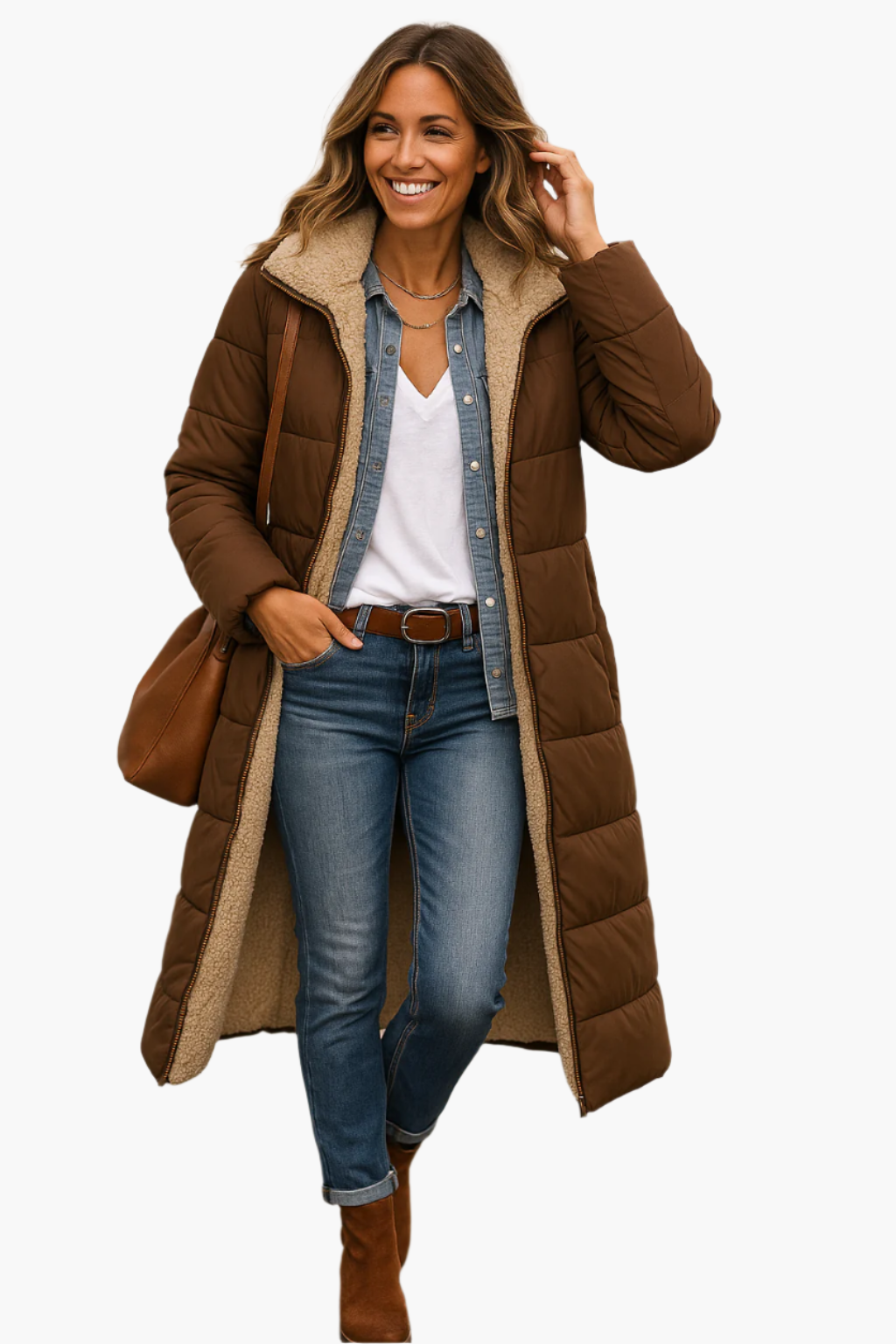 Manteau long beige Danoir Paris Paige FR1336 avec doublure douillette, porté sur un mannequin.