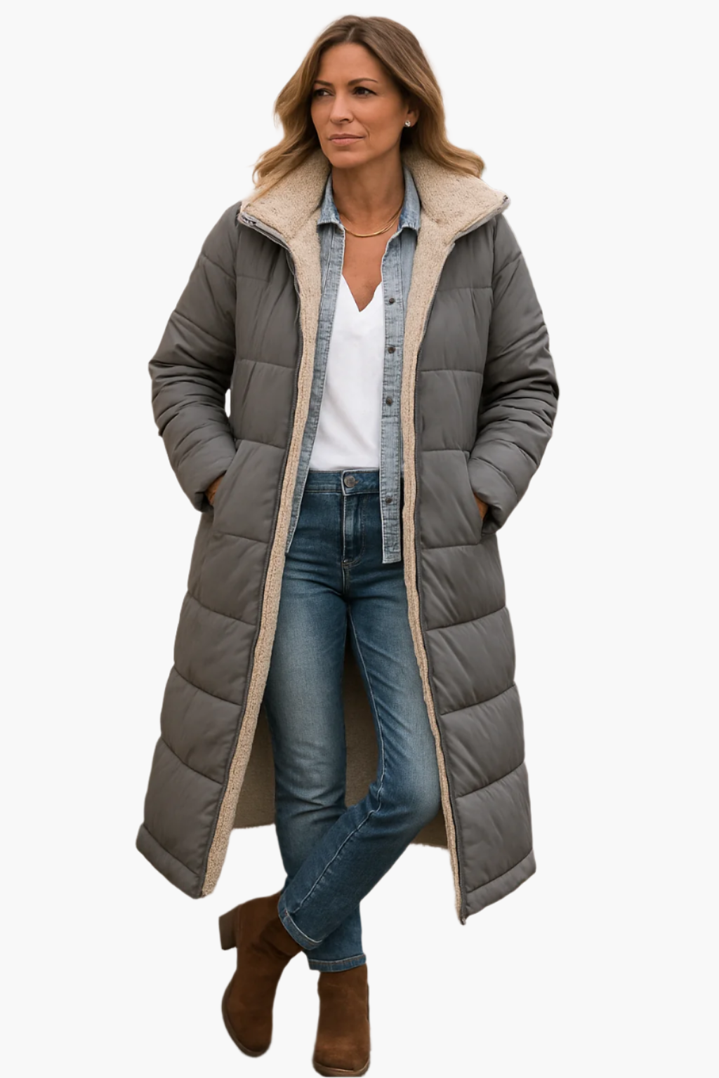 Manteau long beige Danoir Paris Paige FR1336 en tissu douillet, porté sur mannequin, détails de coupe élégante.