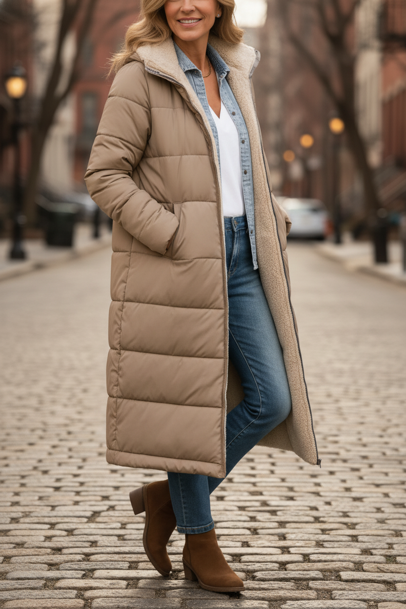 Manteau long douillet beige Danoir Paris Paige FR1336 pour femme, vue de face avec col et poches visibles