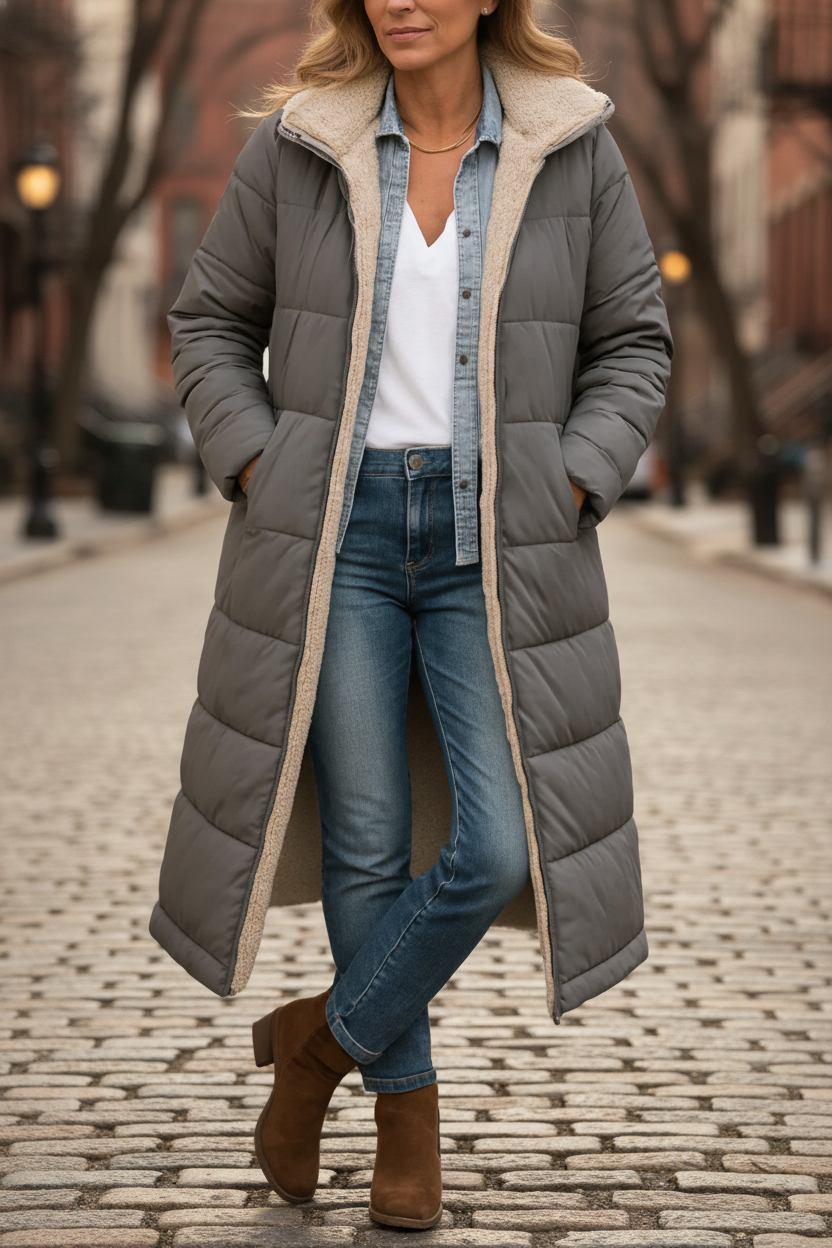 Manteau long beige Danoir Paris Paige FR1336, silhouette élégante, tissu douillet et chaud, porté en extérieur.